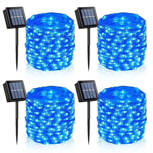 YEGUO 4 Pack Blue Solar Fairy Lights, Each 33ft 100 LED Christmas Lights Outdoor Waterproof, 8 Modes Sliver Wire Solar String Lights