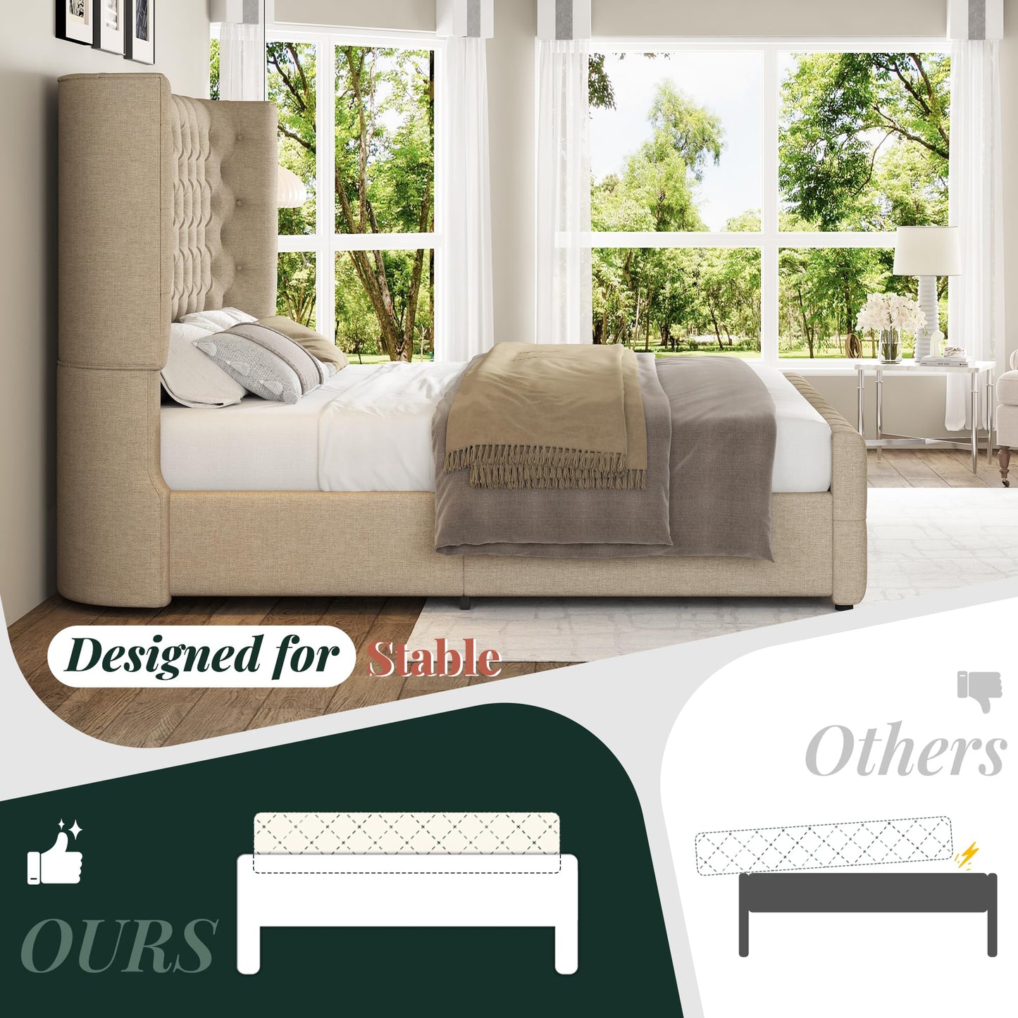 Jocisland Queen Size Platform Bed Frame, 6.3" Thick Upholstered Curved Wingback Headboard and Footboard with Deep Button Tufted, Easy Assembly, No Box Spring Needed, Khaki Linen