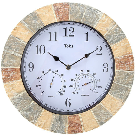 Lily's Home Hanging Wall Clock, Includes a Thermometer and Hygrometer and is Ideal for Indoor and Outdoor Use, Wonderful Housewarming Gift for Friends, Faux-Stone (13 Inches)