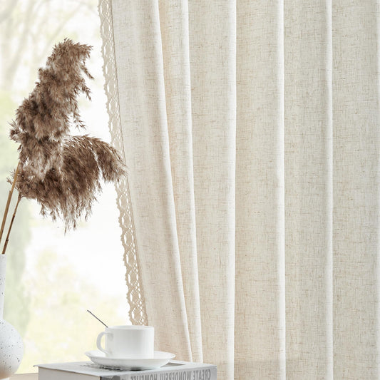 jinchan Linen Curtains for Living Room Bedroom Light Filtering Semi Sheer Curtains Boho Farmhouse French Country Cottage Core Decor Window Drapes Back Tab 84 Inch Length Laced Beige