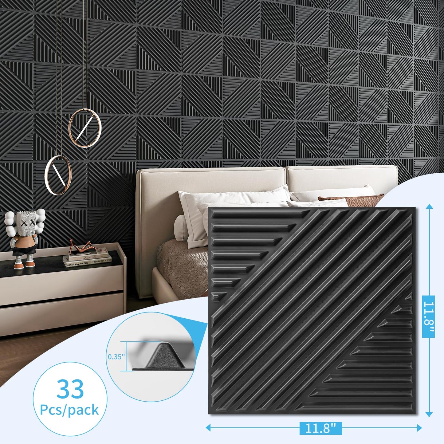 Art3d 33-Pack 3D Wall Panels for Interior Wall Decor, Textured Accent Wall Paneling for Living Room, Bedroom, TV Wall Background, 12"x12" Black