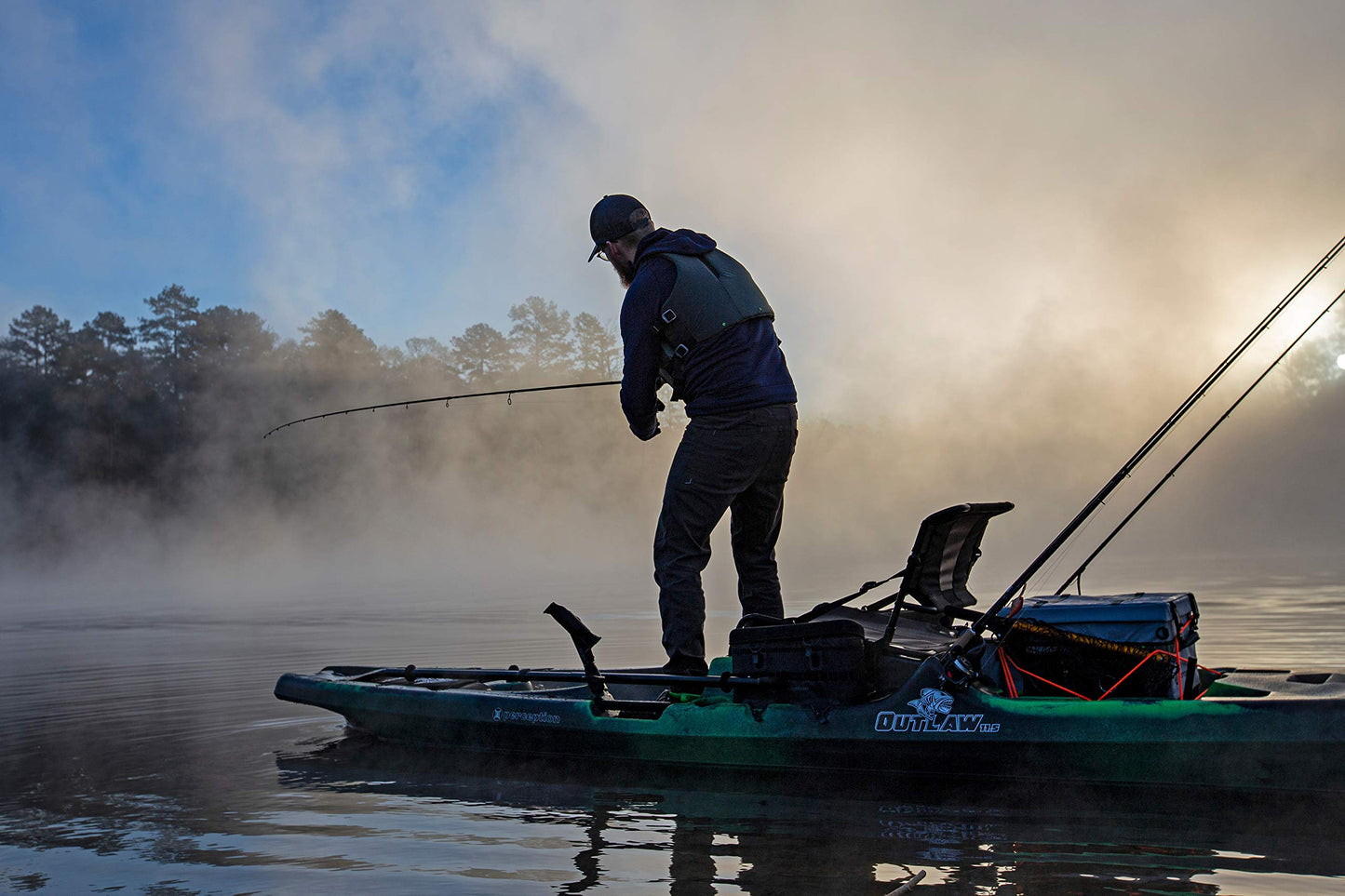 Perception Outlaw 11.5 | Sit on Top Fishing Kayak | Fold Away Lawn Chair Seat | 4 Rod Holders | Integrated Tackle Trays | 11' 6" | Dapper & Perception Paddle & Rod Leash for Kayaks