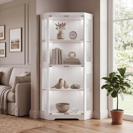 Garvee Glass Display Cabinet, 4-Tier Curio Cabinets with 3 Color Lights, Corner Bookcase for Collectibles, Storage Cabinets with Human Body Sensor & Charging Ports for Living Room
