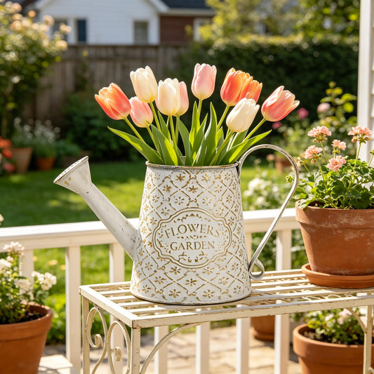 Vintage White Metal Flower & Garden Watering Can, Rustic Farmhouse Decorative Watering Pot Planter for Home Patio Backyard Outdoor Plant Care