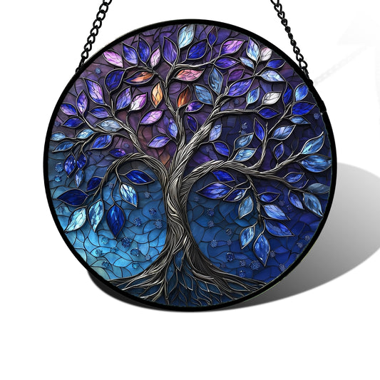DASTOLL Stained Glass Window Hanging, Blue Purple Tree of Life Sun Catchers Colorful Glass Panel Plants Suncatcher Decor for Birthday for Women,Men,Wife, Lovers, and Mom 9.8 in