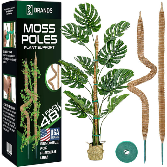 K-Brands 48'' Bendable Moss Pole Monstera Plant Support - Coconut Palm Fiber - Brown - Rectangular - Climbing Plant Support Structure