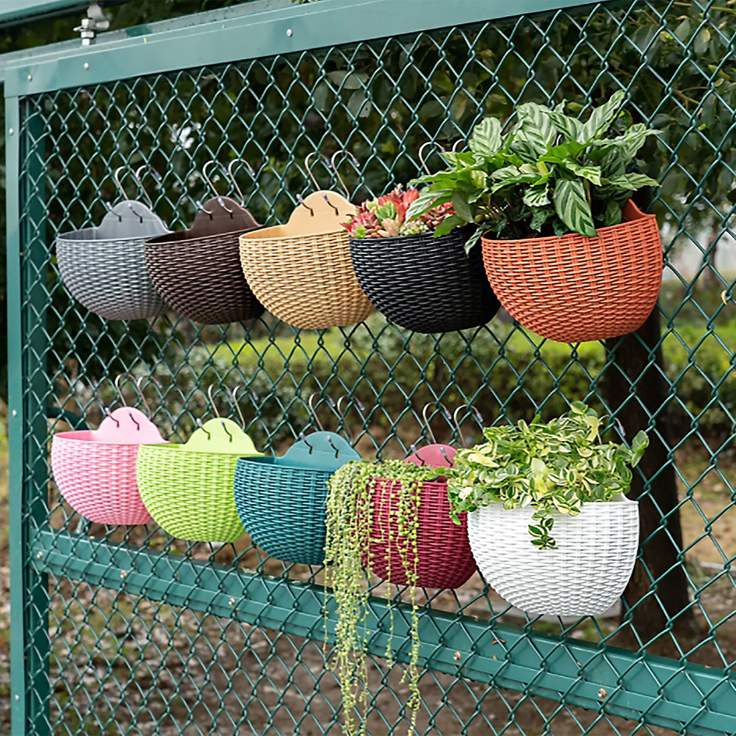 Hanging Planter Pot, Wall and Railing Hanging Planters with S Hooks, Half Round Imitation Rattan European Style Wall Flowerpot Rustic Decorative Flower Basket for Home Balcony Garden(#21*16.5cm Green)