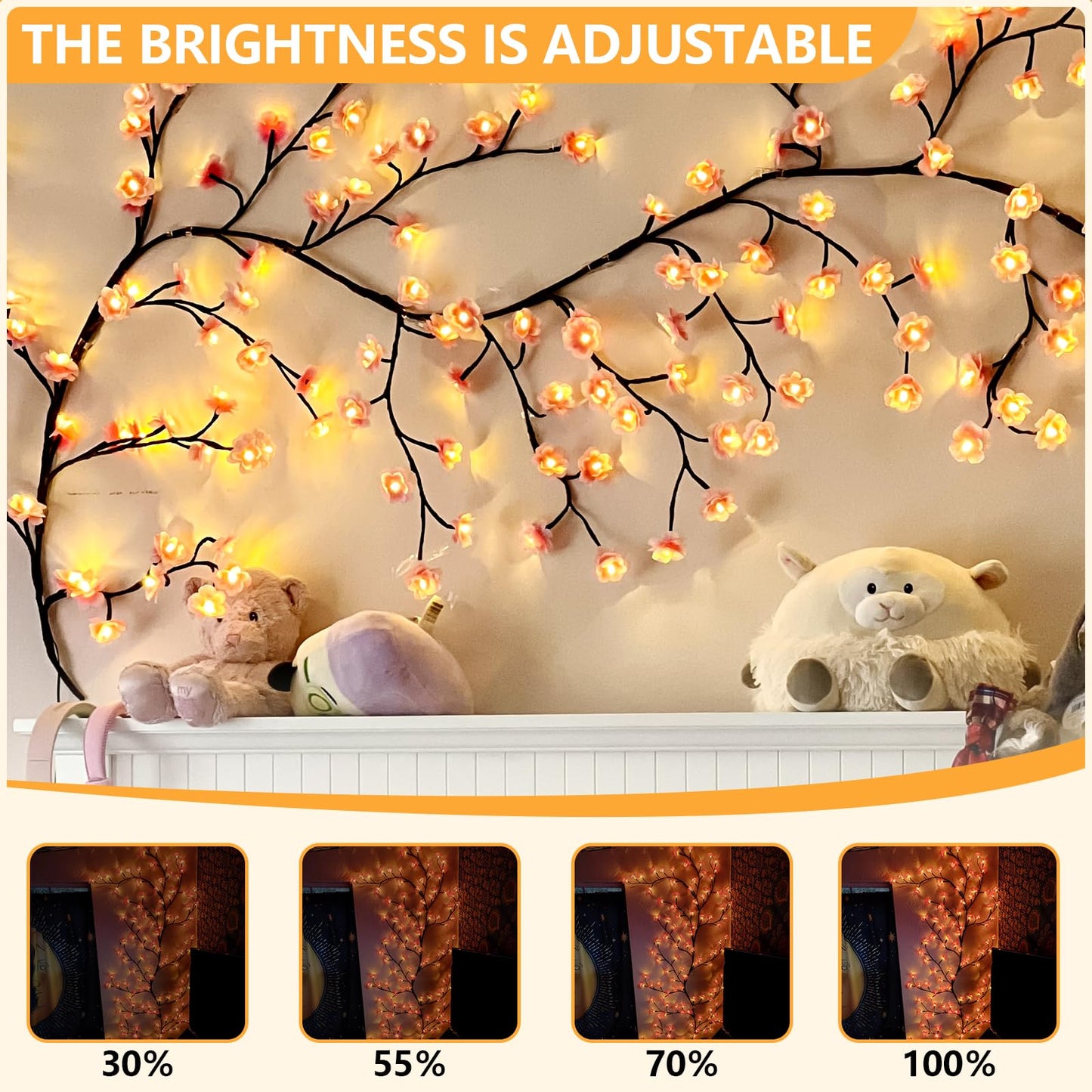 FNHMSL Cherry Enchanted Willow Vine Lights, 4FT 48LED Pink Cherry Blossom Tree Branch Lights for Wall, Remote Timer,8 Light Model,Bedroom Wall Doors Wedding, Christmas, USB Battery Box
