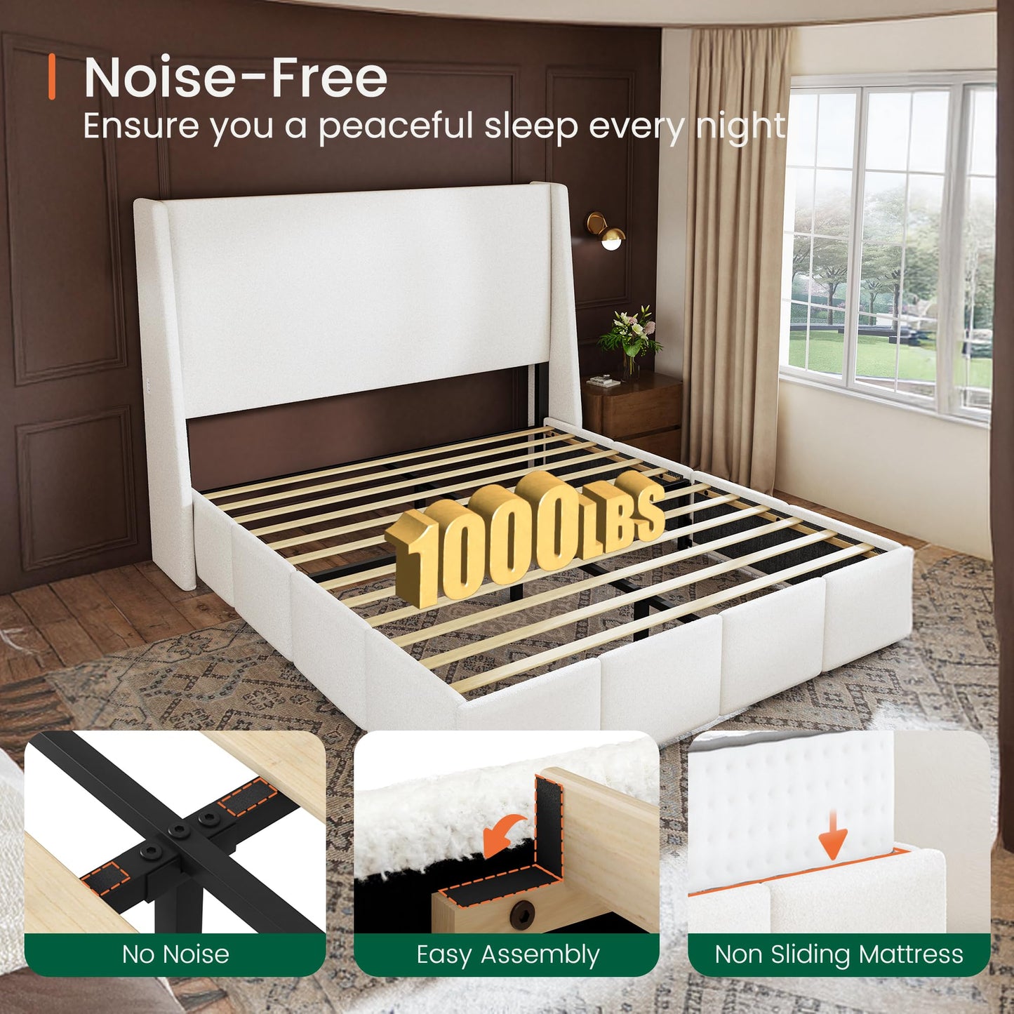 LARMACE Queen Size Bed Frame 54.2" Extra Tall Wingback Headboard, Lambswool Upholstered Platform Bed Frame with Legs Featuring Built-in Charging Ports, Wood Slats, No Box Spring Needed, White