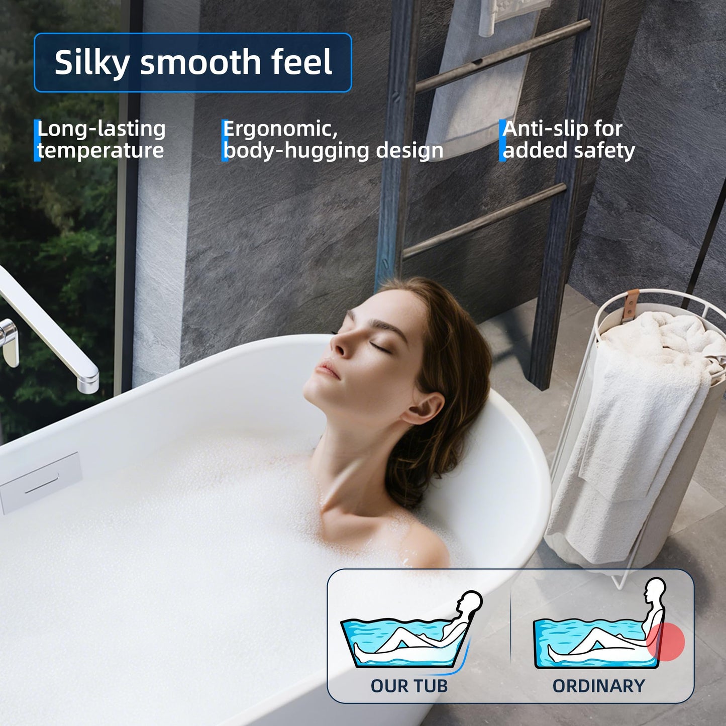 59" Free Standing Tub, Acrylic Soaking Bathtub, Stand Alone Freestanding Tub with Matte Sliver Drain and Overflow, Contemporary Bathtub for Bathroom, Burnish White