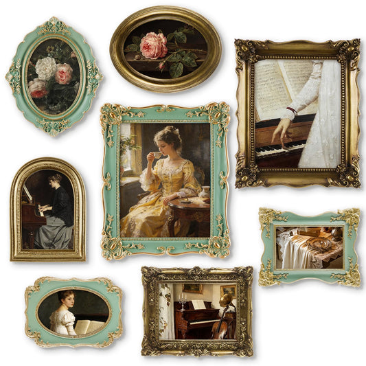 Lineshading 8 Pcs Gold and Green Picture Vintage Gallery Wall Frame Set Including 8x10, 5x7, 4x6 Antique Resin Picture Frame Collage Baroque Victorian for Wall Tabletop Display for Bedroom Living Room