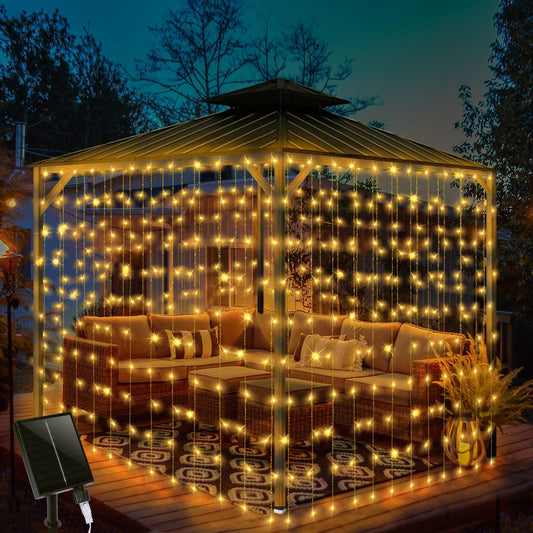 32.8 * 6.56FT Large Size Solar Curtain Lights Outdoor, 8 Modes Outdoor Curtain String Light, Solar Garden Christmas Lights Decortions for Patio, Gazebo, Eaves, Fence, Tree, Porch (Warm White)
