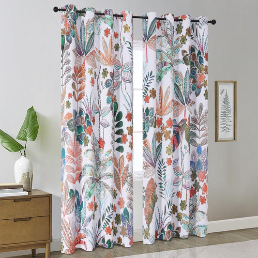 Estelar Textiler Maple Leaves Room Darkening Boho Curtains 84 inch Length 2 Panels Set for Living Room, Watercolor Leaf Pattern Design Grommet Window Floral Drapes for Bedroom, 52Wx84L