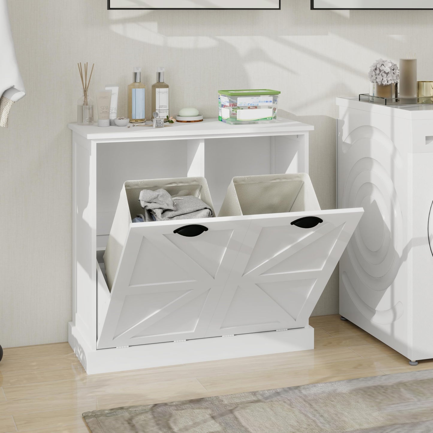 agnixnaf White Sorter Cabinet, Two-Compartment, Tilt-Out Laundry, Easy to Maintain, Storage Organizer for Living Room, Bedroom
