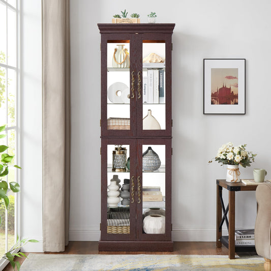 KEIKI 71" Corner Glass Display Cabinet with Adjustable Shelves, for Collectibles, Modern Storage Curio Cabinet with Vintage Carved Handle, 6-Tier Showcase Display Case, for Living Room, Cherry