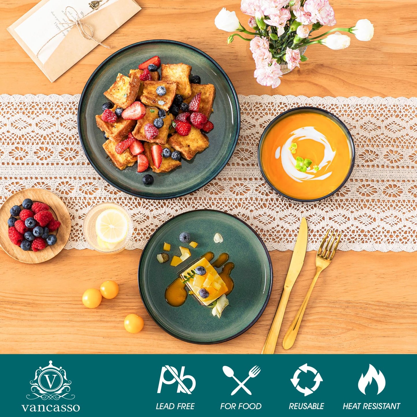 vancasso Starry 12 Pieces Dinnerware Sets for 4, Green Reactive Glaze Dishes Sets, Ceramic Plates and Bowls Set, Dinner Salad Dessert Plates, and Cereal Bowls Set, Dishwasher and Microwave Safe