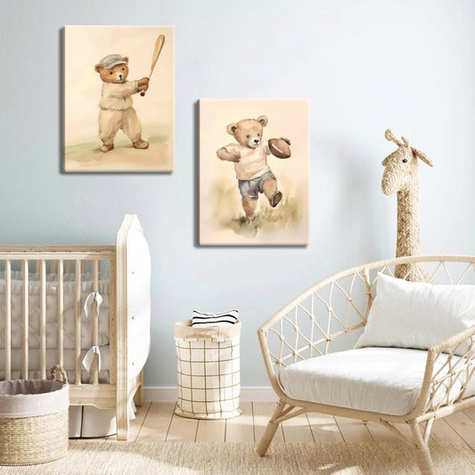 Bear Rugby Sports Nursery Canvas Wall Art Set of 3 - Cute Vintage Baby Bear Pictures Paintings Poster Prints, Nursery Animal Wall Decor for Children Bedroom Boy Room Decoration 12x16 inch Framed