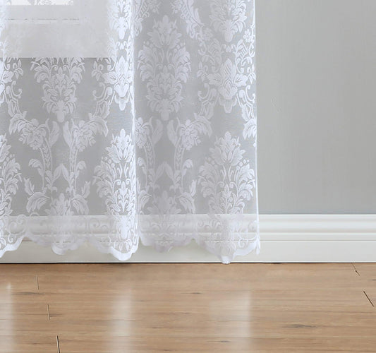 LinenZone Luxury White Knitted Lace Curtain Panels Pair of 2 with Beautiful Scalloped Bottom. Premium Farmhouse Curtains for Living Room, Bedroom and Dining Room Décor. (Lisa 38 x 63, White)