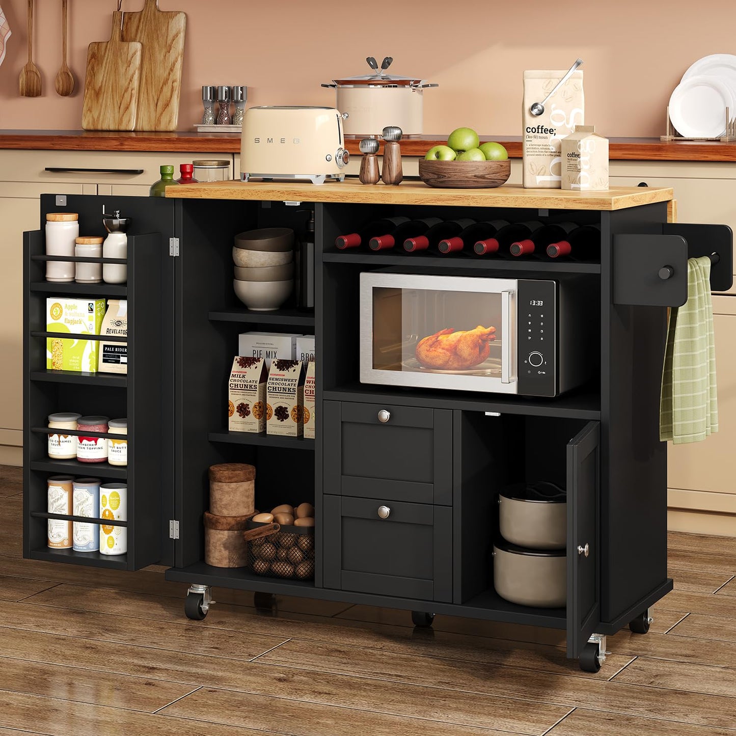 Rolling Kitchen Island with Storage Cabinet, 41.3'' Width Kitchen Cart with Desktop Drop Leaf Countertop, Portable Mobile Island with Towel Rack, Spice Rack Shelf and Lockable Wheels, Black
