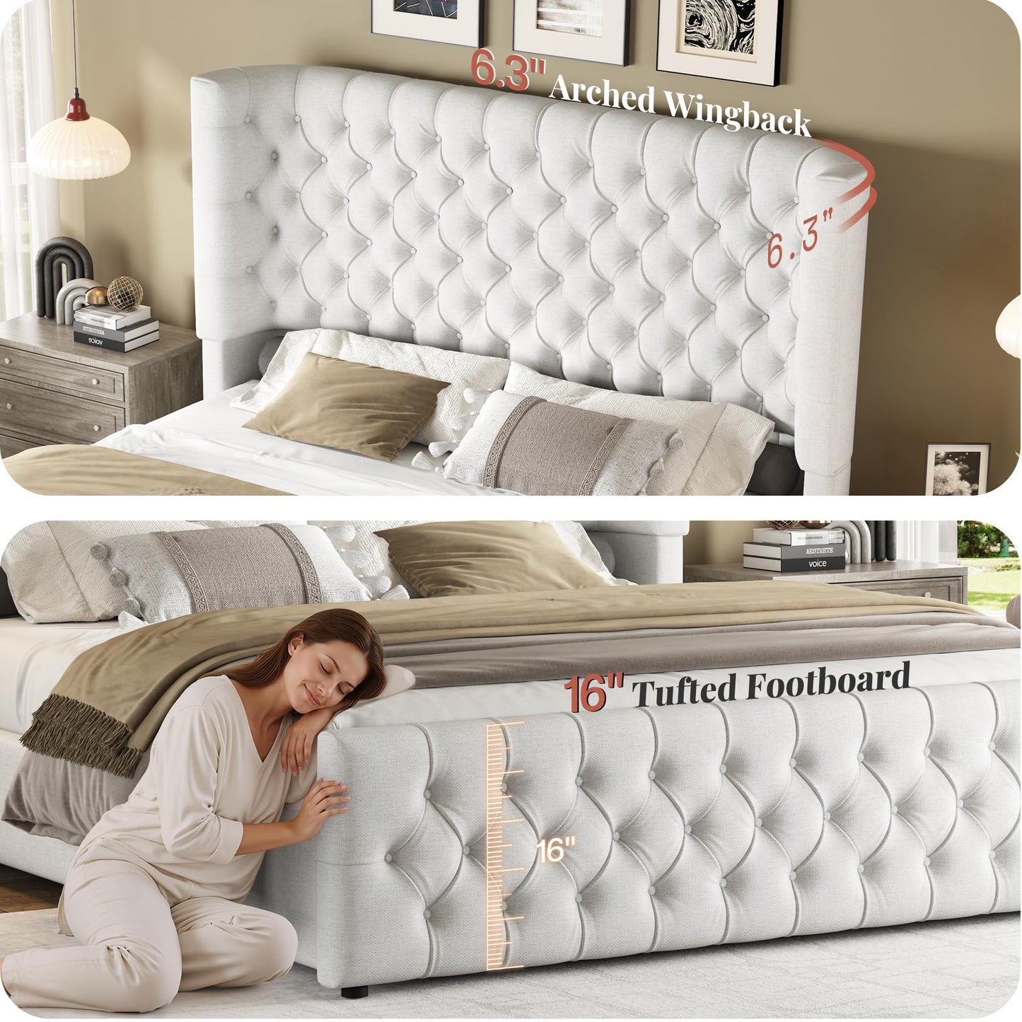 Jocisland King Size Platform Bed Frame, 6.3" Thick Upholstered Curved Wingback Headboard and Footboard with Deep Button Tufted, No Box Spring Needed, Easy Assembly, White Linen