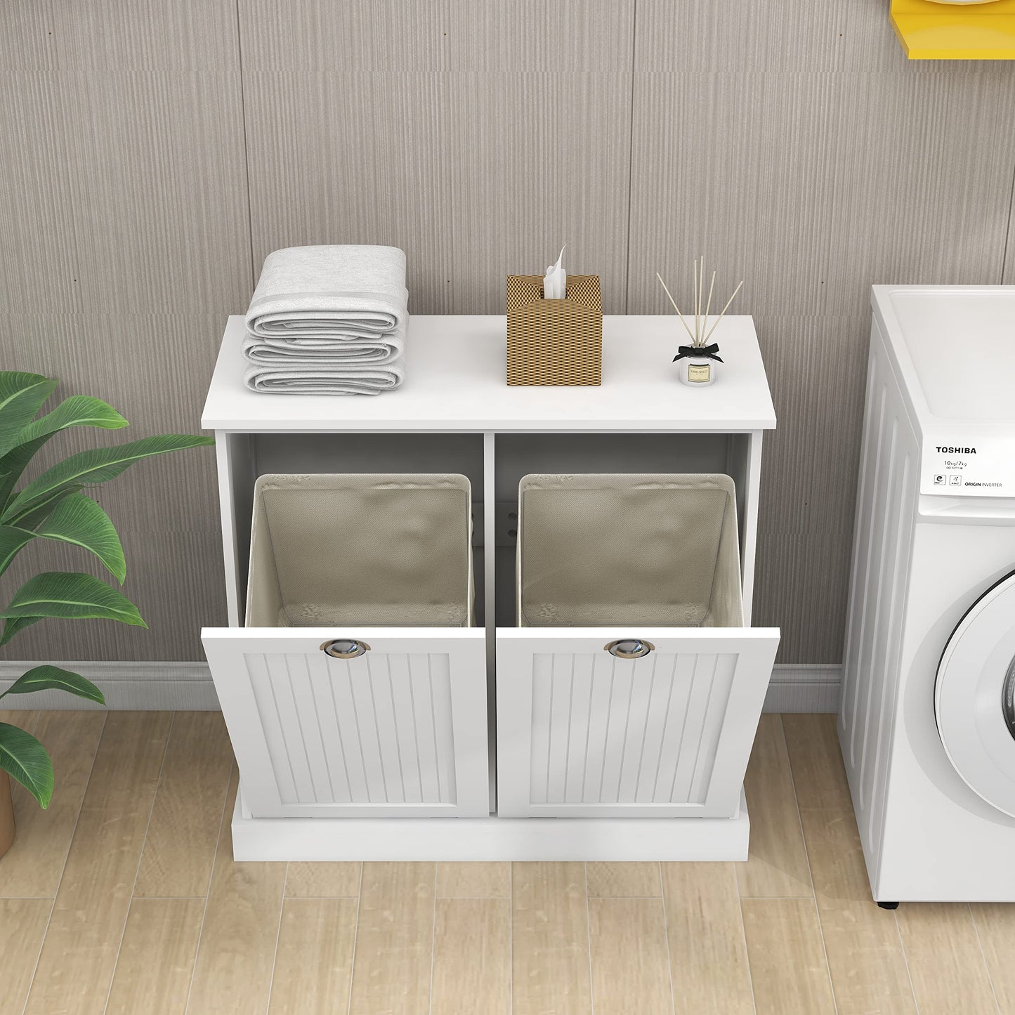 agnixnaf Laundry Sorter Cabinet, Two-Compartment Tilt-Out, for Small Bothroom, White Storage Cabinet