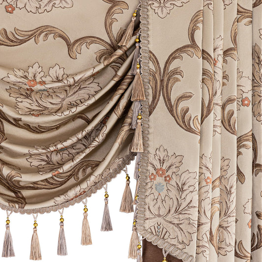 Loom and Mill Jacquard Waterfall Valance for Living Room, Vintage Floral Damask Swag Window Valances with Tassels, Light Khaki Swag Curtains for Bedroom Christmas Banquet Decoration(W39Inch,1 Panel)