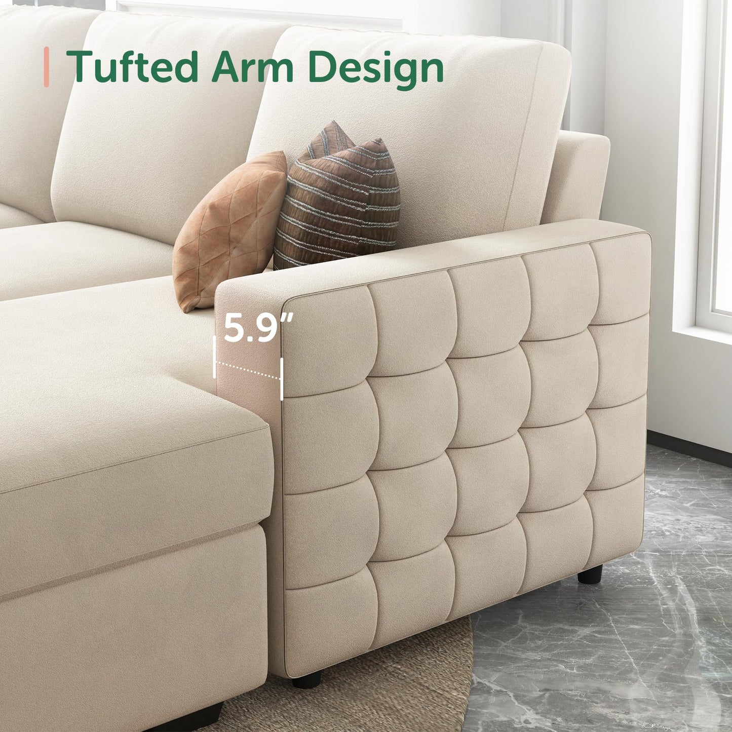 HONBAY Sectional Sleeper Sofa with Pull-Out Bed Storage Chaise, 6 Seaters Couch for Living Room, Beige