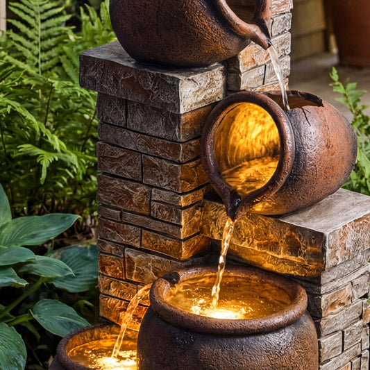 Dalxo 44-Inch Outdoor Water Fountain, 5-Tier Floor Standing Cascading Jars and Stacked Stones Resin Waterfall Fountain with 4 LED Lights, Home Decor for Garden, Patio, Yard, Farmhouse or Deck in Brown