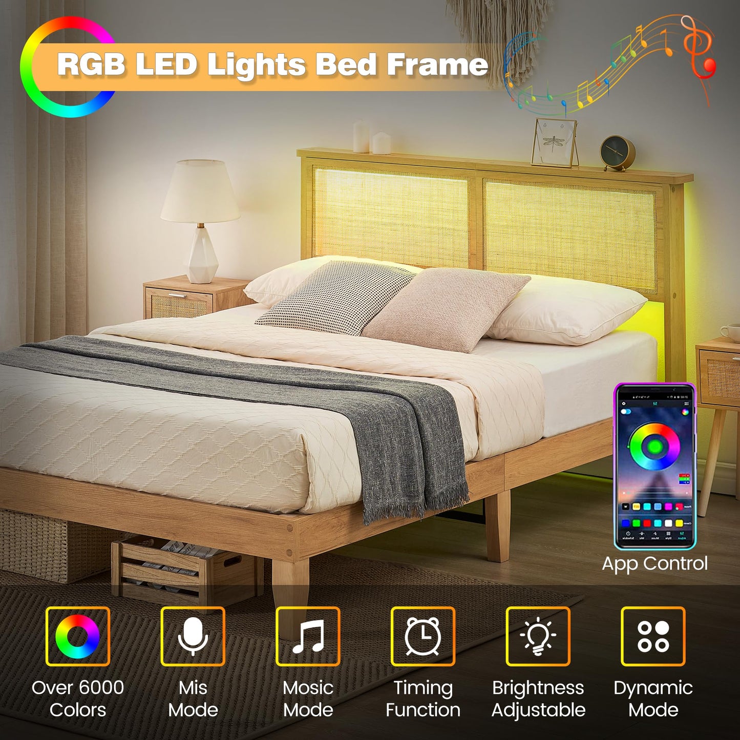 IDEALHOUSE Rattan Bed Frame Full Size with Natural Rattan Headboard & LED Lights, Wood Full Bed Frame with Solid Wood Foundation, No Box Spring Needed, Natural