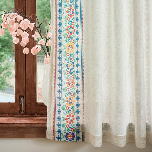 MEETSKY Floral Linen Curtains 84 Inches Long Boho Patterned Printed for Bedroom Living Room Light Filtering Semi Sheer Farmhouse Country Cottagecore Drapes Back Tab, 2 Panels, 50" Wide