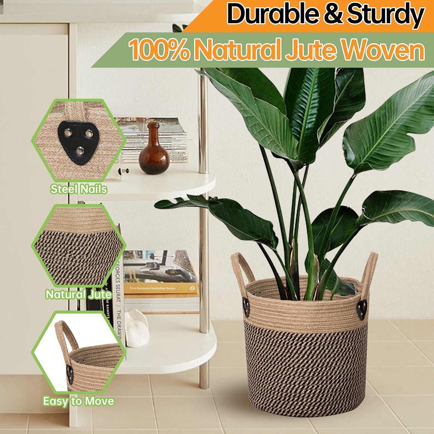 ZOES HOMEWARE 14"x12" Natural Jute Rope Woven Storage Basket with Handles for Plant, Blankets,Toys,Clothes,Shoes - Living Room Home Decor,Multifunctional Basket for Organizer,Picnic,Artificial Tree