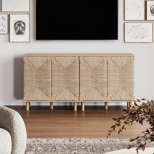 Nathan James Beacon Boho TV Stand, Free Standing Kitchen Cabinet Storage with Adjustable Interior Shelf and Seagrass Accent, Seagrass/Raw Oak, Set of 2