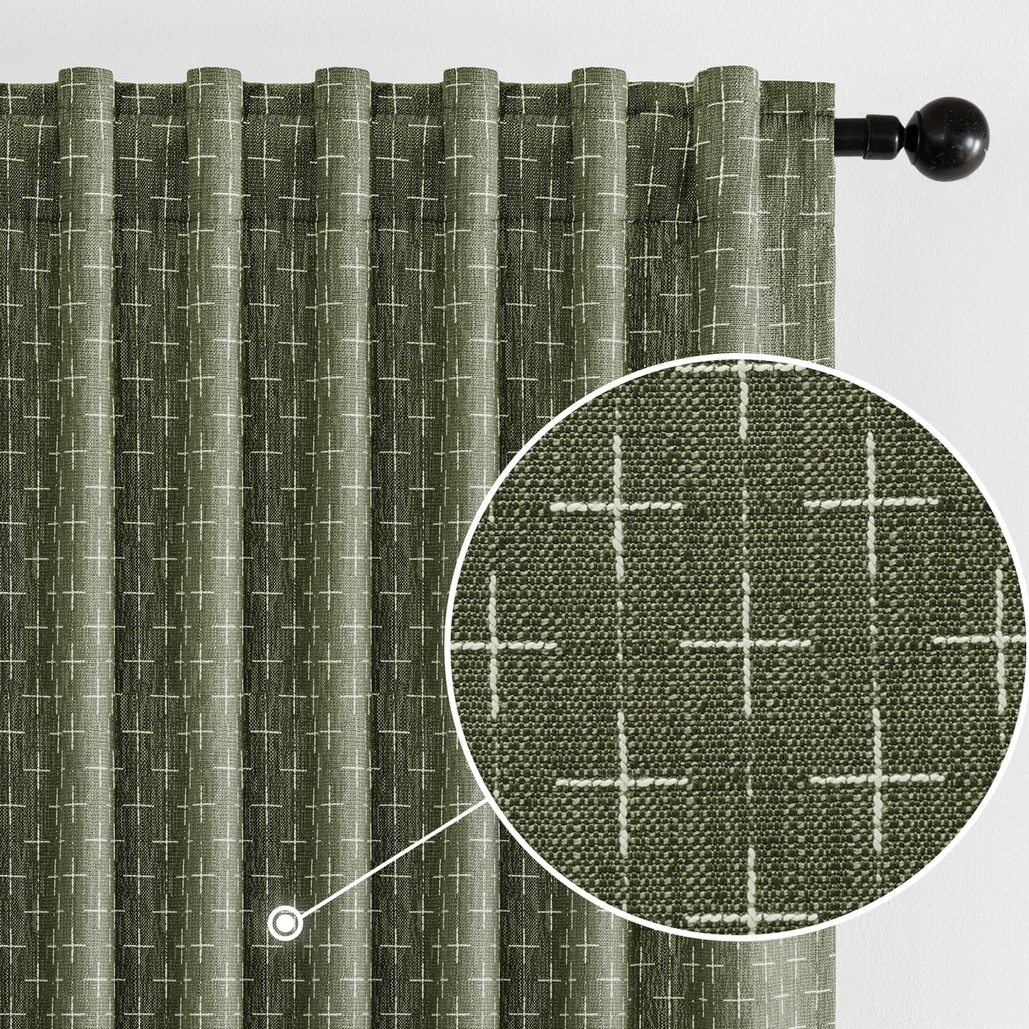 MIULEE Decorative Back Tab Linen Curtains with Geometric Pattern for Living Room Bedroom Farmhouse Rustic Thick Woven Textured Patterned Mudcloth Drapes 84 Inches Long 2 Panels Set, Olive Green