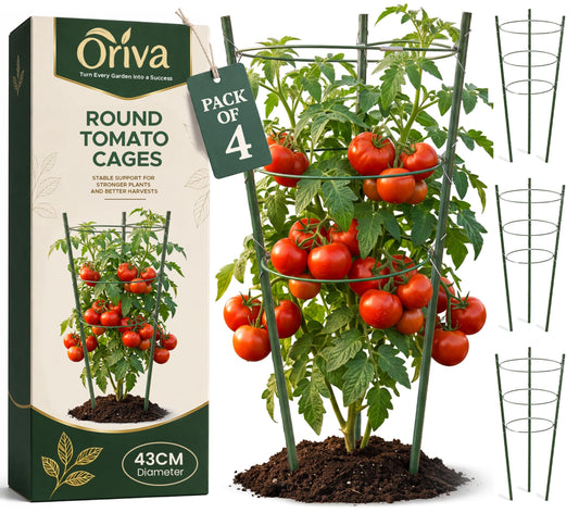 Oriva 4 Pack Round Tomato Cages for Garden, 43cm Adjustable Metal Tomato Cage with Anti Slip Locking Rings, Tomato Trellis and Plant Support for Raised Garden Beds, Pots and Climbing Vegetables