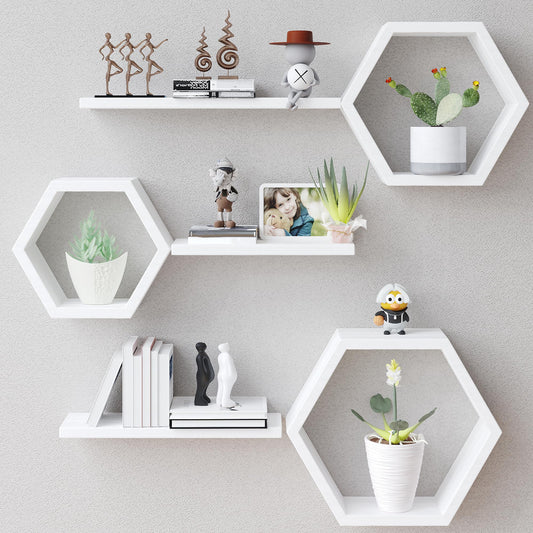 LUDORU Wooden Hexagon Floating Shelves Wall Mounted - Set of 6 Pine Wood Hexagon Shelves Display for Photos,Plants,Rustic Honeycomb Shelves for Living Room, Bedroom,Bathroom, Kitchen, Office, White.