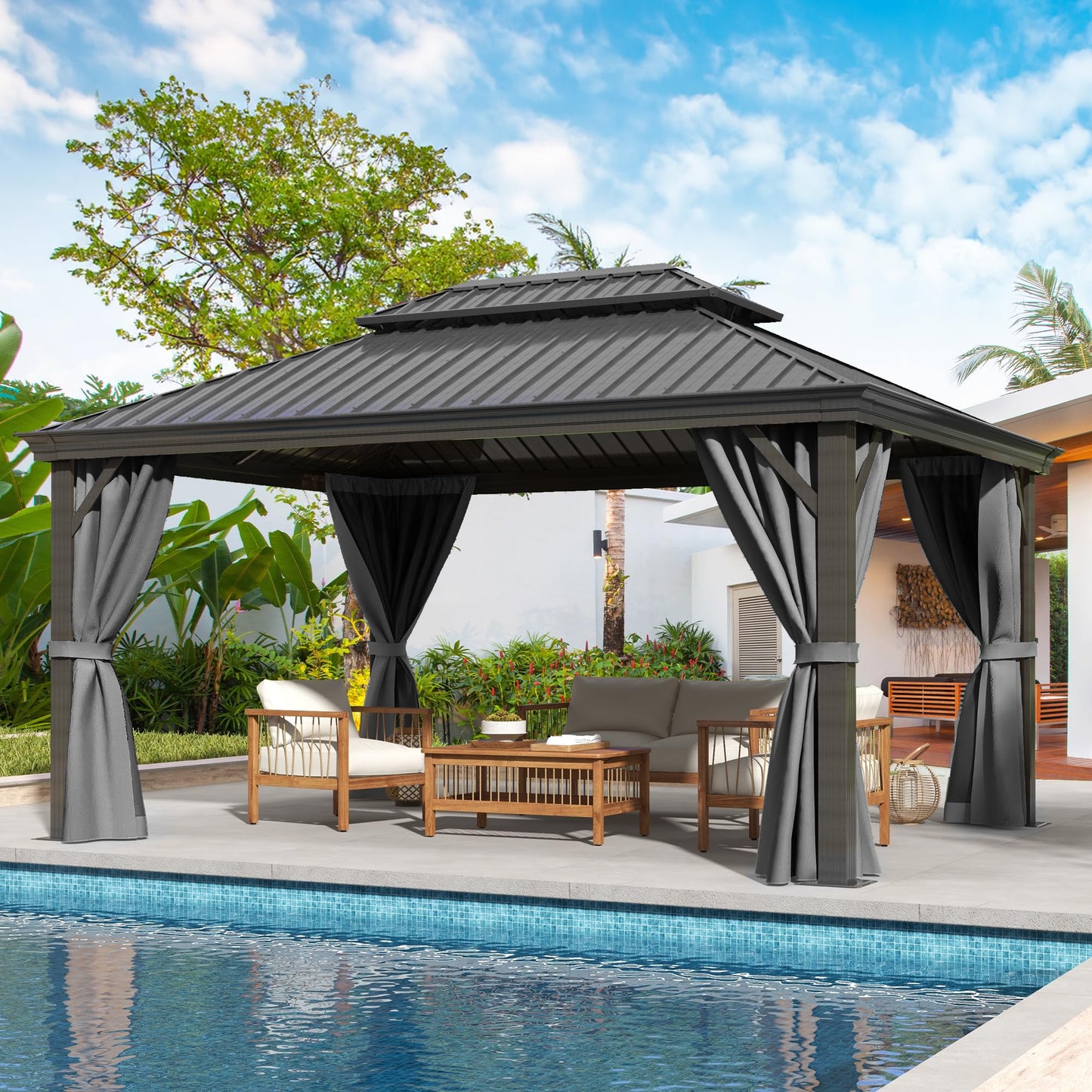 DWVO 12x16ft Hardtop Gazebo Double Roof with Nettings and Curtains, Heavy Duty Galvanized Steel Outdoor Vertical Stripes Roof for Patio, Backyard, Deck, Lawns, Gray