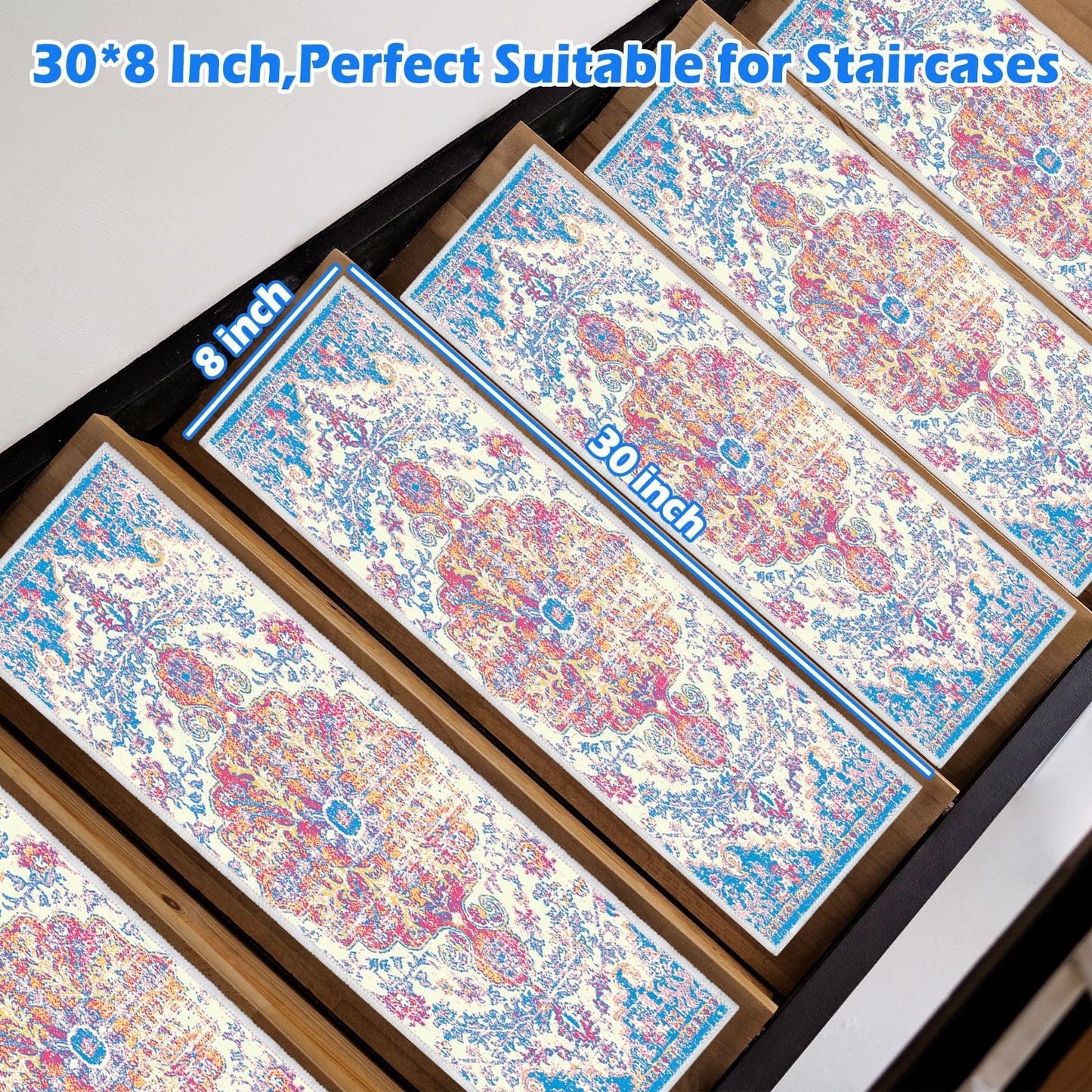 Non Slip Stair Treads Carpet Mat, 30in X 8in Indoor Stair Runners for Wooden Steps, Rubber Backing Edging Stair Rugs for Kids Elders and Pets(Blue/Beige,15PCS)