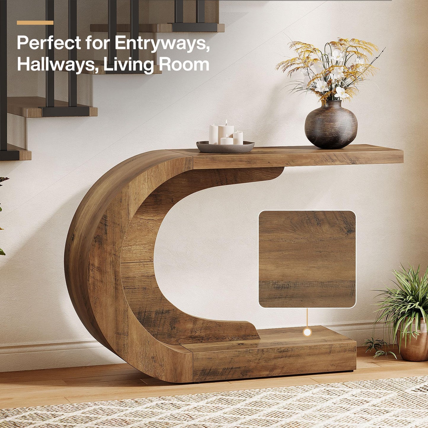 Tribesigns 43.3" Mid-Century Modern Console Table for Entryway, Wood C-Shaped Hallway Entry Accent Table for Living Room, Entrance, Foyer, Easy Assembly, Brown