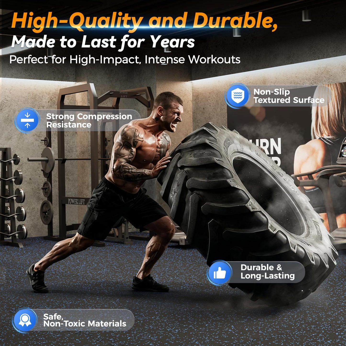 SUPERJARE 1" Extra-Thick Rubber Top Exercise Mat, Puzzle Gym Flooring for Home Gym, Gym Mat for Workout Equipment, Interlocking Floor Tiles with EVA Foam, 24 Pcs 96 Sq Ft, Black/Blue