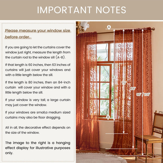 WAZZIO Boho Lace Curtains 96 Inch 2 Panels-Vintage Sheer Panel Drape Floral Pattern & Tassel Light Filtering Privacy for Bedroom Dining Living Room,Cottage Earthy Full Decor Terracotta,W52 x 96L