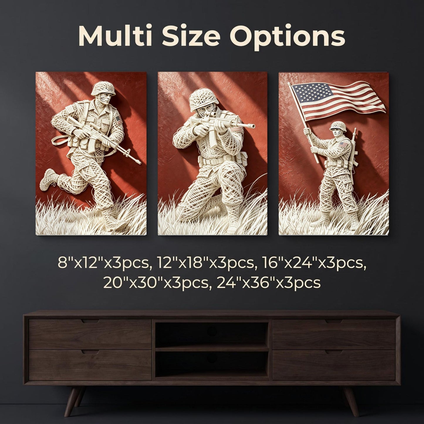 DIIMOST 3 Piece Faux Wire Art US Soldier Canvas Triptych, Patriotic Military Decor Set for Large Wall, Living Room, Office & Veteran Gift，(16×24inch*3)