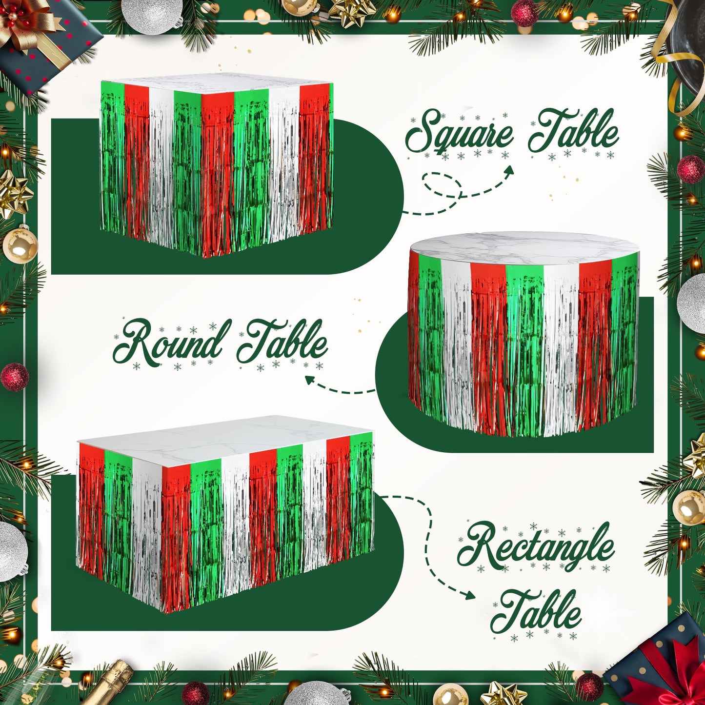 2 Pack Christmas Table Skirts, 29x108" Red & Silver & Green Metallic Foil Tinsel Fringe Table Skirts for Rectangle Tables Streamer Curtain Backdrop, Party Decoration for Xmas Birthday Wedding Holiday