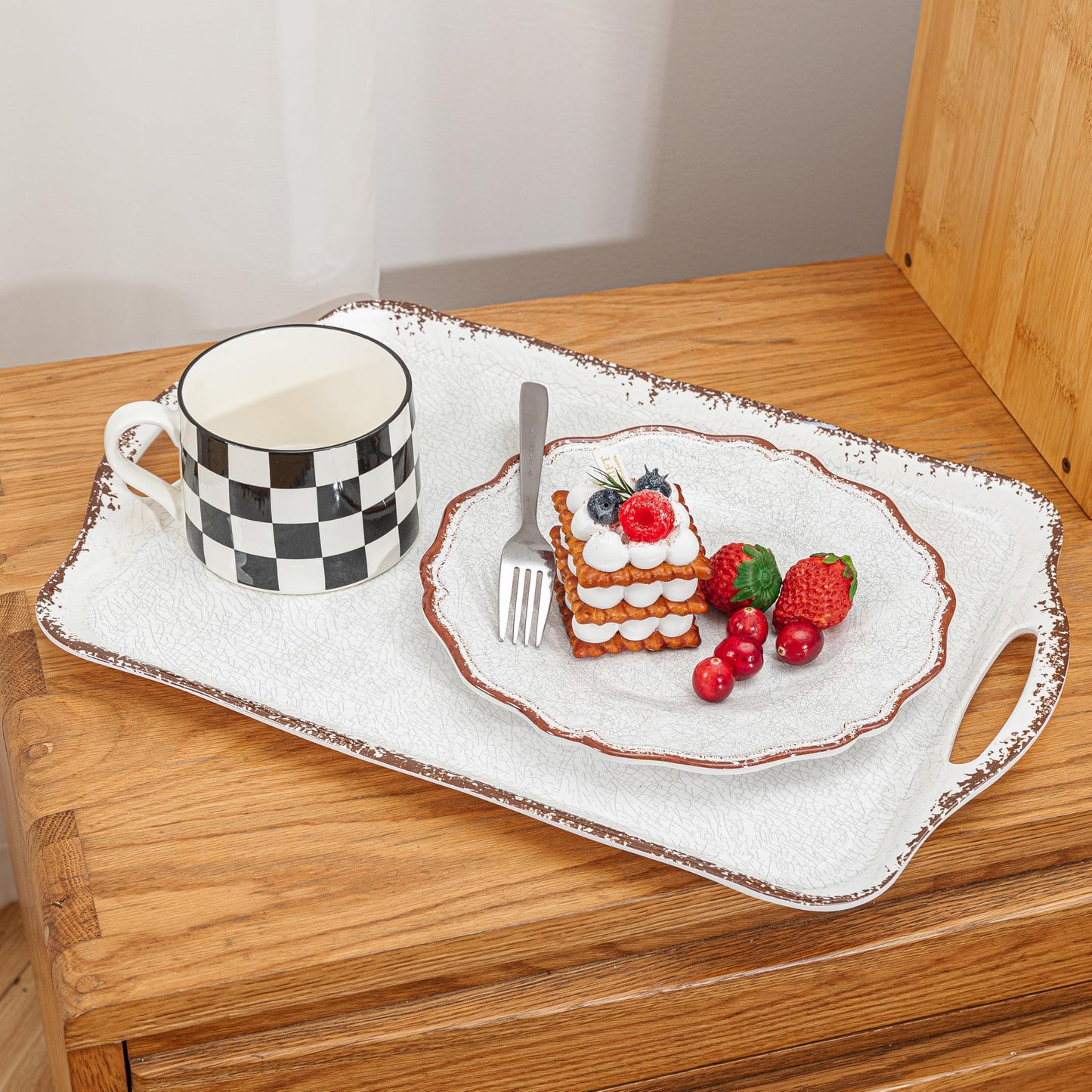 LEHAHA Vintage White Large Serving Tray with Handles, 17.25x12 inch, Set of 2 Melamine Platters for Serving Food, Turkey, Cookie, Rectangular Trays for Eating, Crackled Finish with Rustic Raised Rim.