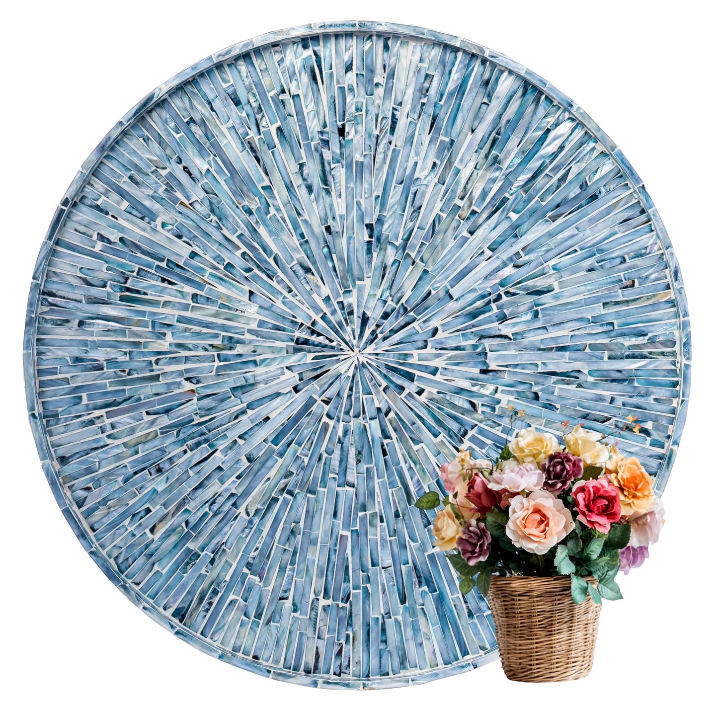 PEMAR 22" Round Mother of Pearl Extra Large Ottoman Tray with Raised Edge, Oversized Decorative Luxury Wooden Serving Tray for Food, Coffee Table, Breakfast in Bed (Blue Sunlight)