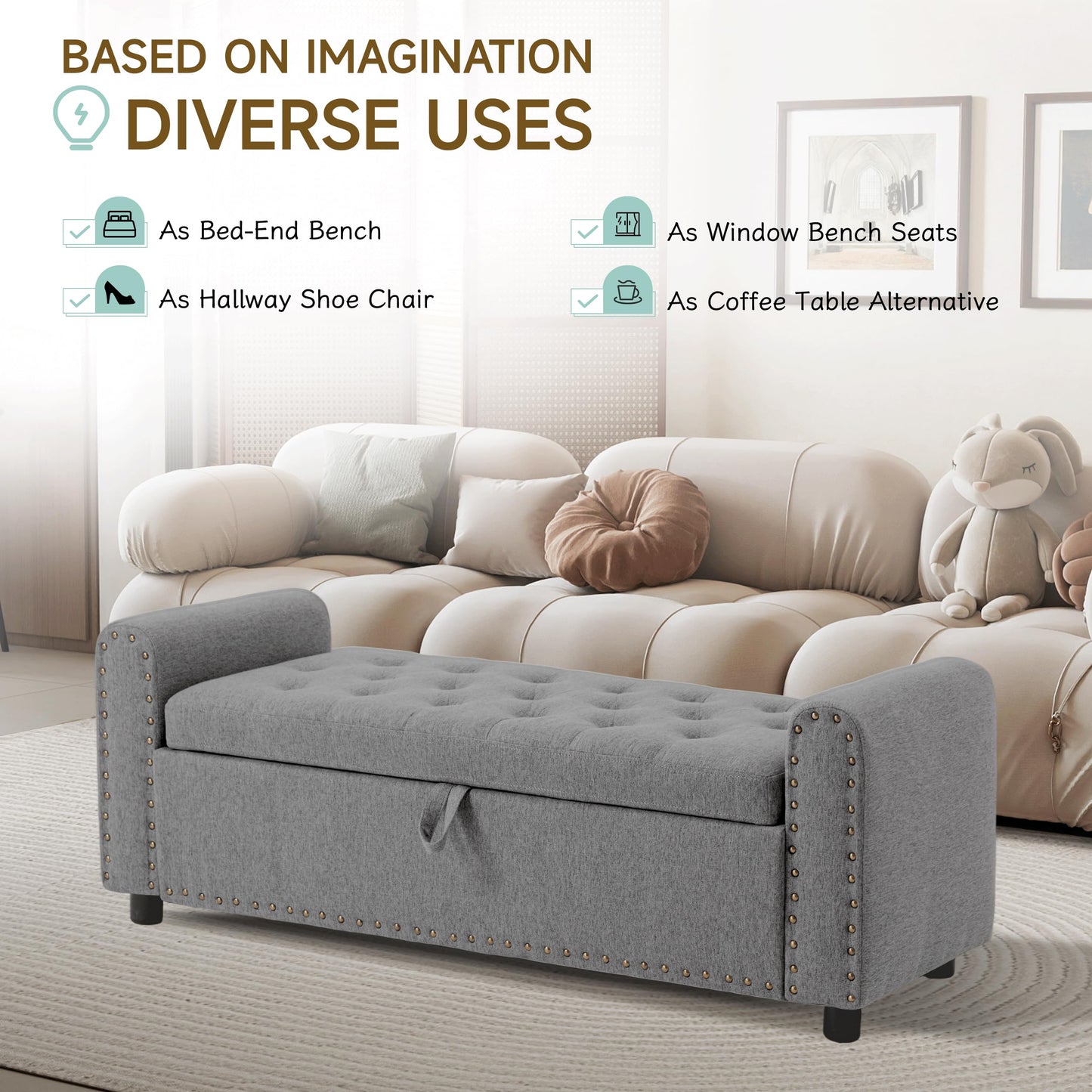 Ottoman with Storage, Tufted Storage Bench for Bedroom, 48" Fabrics End of Bed Bench, Upholstered Entryway Shoe Benches with Rolled Arm & Inner Zipper, Window Ottomans Chest with Rivets, Drak Grey