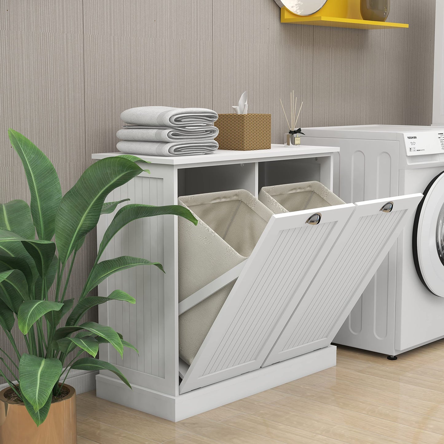 agnixnaf Laundry Sorter Cabinet, Two-Compartment Tilt-Out, for Small Bothroom, White Storage Cabinet