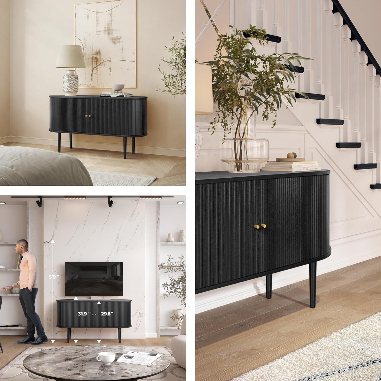 WERMO 55'' Black Sideboard Cabinet with Doors and Shelves - Black Cabinet for Living Room, Bedroom, Entryway and Office Credenza. Kitchen Buffet, Modern Media Console Table with Storage (Black Oak)