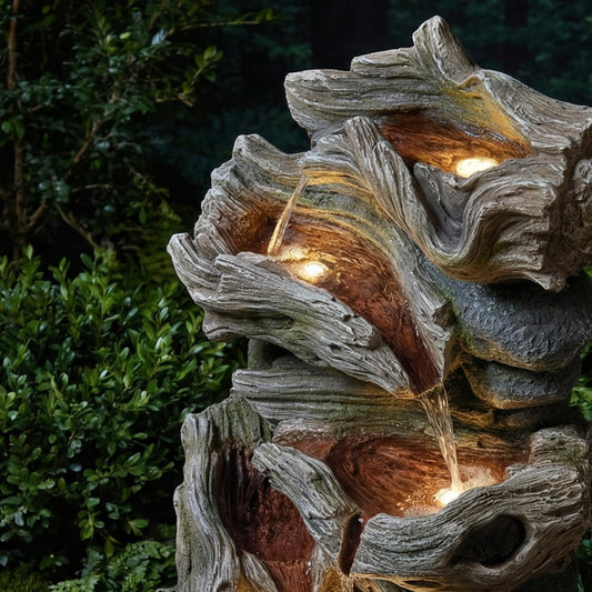 Dalxo 30-Inch Outdoor Water Fountain, 5-Tier Cascading Realistic Tree Trunk Resin Waterfall Fountain with 4 LED Lights, Natural Look, Decor for Garden, Patio, Yard, Porch, Deck or Lawn in White