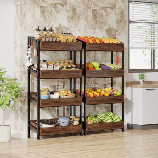 Tribesigns Wood Fruit and Vegetable Basket Stand Rack for Kitchen, Office, Store, Supremarket, Pantry Shelf Unit for Snacks, 4-Tier Wooden Utility Storage Shelves Set of 2 (Brown+Black)