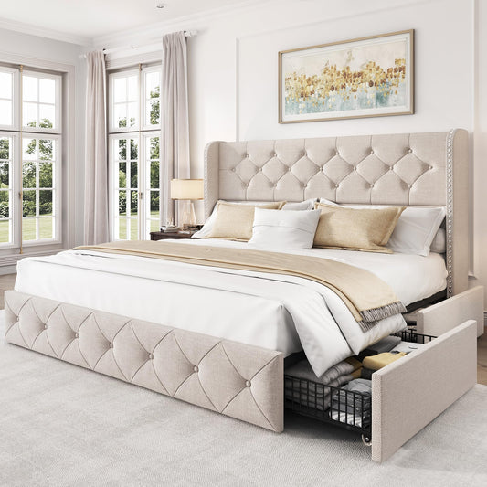 LARMACE Queen Size Bed Frame with 4 Storage Drawers and 47.2" Tall Tufted Headboard Linen Upholstered Platform Bed Frame Wingback Beds with Wooden Slats Support, Easy Assembly, Beige